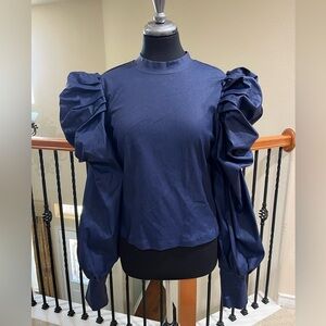 WHY Elegant Navy Puff Sleeve Top, STRETCH DENIM, FEMININE, WOMENS SIZE XXL